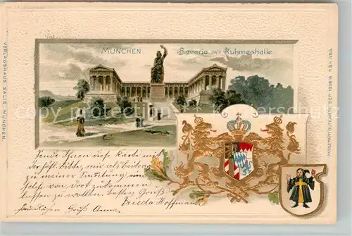 AK / Ansichtskarte Muenchen Bavaria mit Ruhmeshalle Wappen Krone Kuenstlerkarte Muenchen