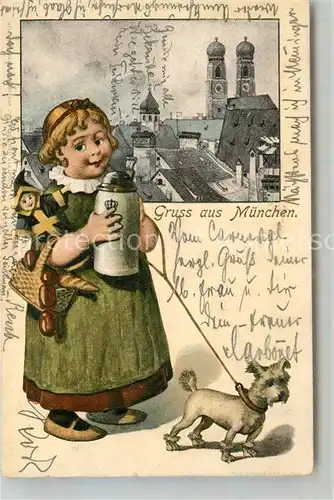 AK / Ansichtskarte Muenchen Stadtbild mit Frauenkirche Maedchen mit Bierkrug und Hund Muenchen