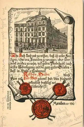 AK / Ansichtskarte Muenchen Hotel Restaurant Roter Hahn Siegel Muenchen