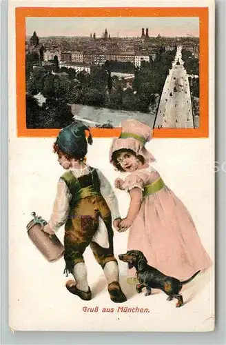 AK / Ansichtskarte Muenchen Stadtpanorama Isarbruecke Kinder mit Hund Bierkrug Muenchen