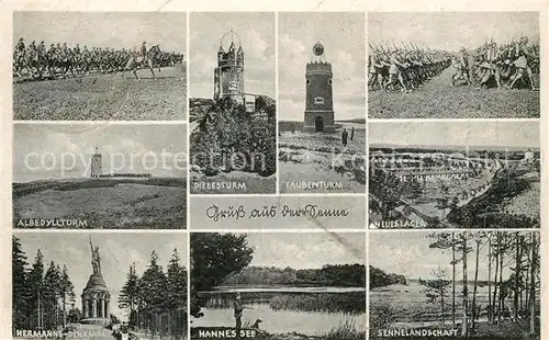 AK / Ansichtskarte Senne_Bad_Lippspringe Kavallerie Albedyllturm Diebesturm Taubenturm Marsch Neues Lager Hermannsdenkmal Hannes See Sennelandschaft Senne_Bad_Lippspringe