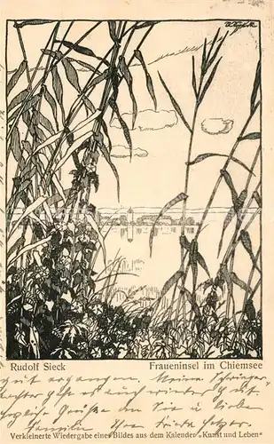 AK / Ansichtskarte Fraueninsel_Chiemsee Uferpartie am See Rudolf Sieck Kuenstlerkarte Fraueninsel Chiemsee