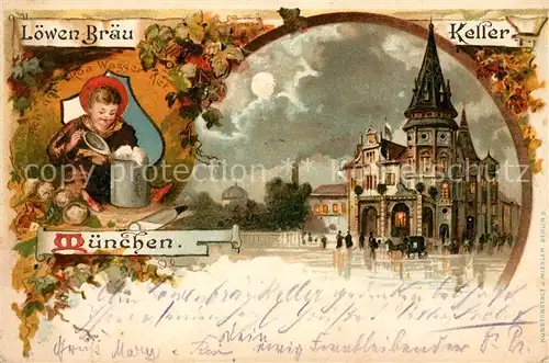AK / Ansichtskarte Muenchen Loewenbraeu Keller im Mondschein Bierkrug Kuenstlerkarte Muenchen