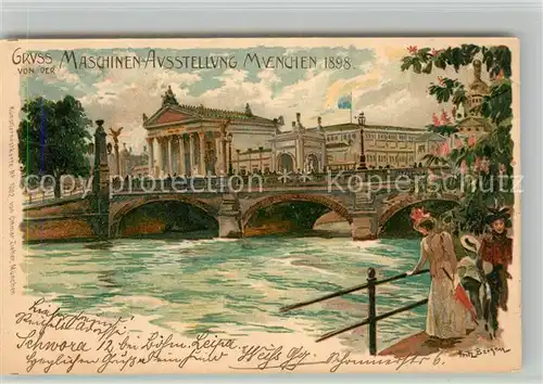 AK / Ansichtskarte Muenchen Maschinenausstellung Isarbruecke Kuenstlerkarte Muenchen