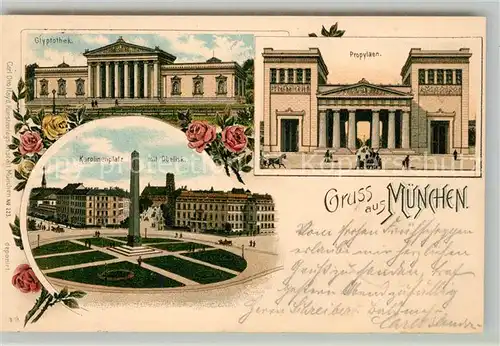 AK / Ansichtskarte Muenchen Glyptothek Museum Propylaeen Karolinenplatz mit Obelisk Litho Muenchen