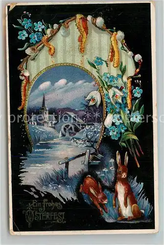 AK / Ansichtskarte Ostern_Easter_Paques Hasen Vergissmeinnicht Weidenkaetzchen Litho  Ostern_Easter_Paques