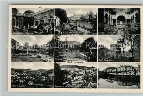 AK / Ansichtskarte Bad_Kissingen Schmuckhof im Regentenbau Rosengarten Rackoczy Quellen Kurgarten Rosengarten Jagdhaus Ruine Bodenlaube Panorama Saalepartie Kissinger Hof und Hotel Bristol Bad_Kissingen