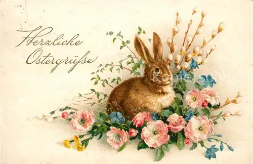 AK / Ansichtskarte Ostern_Easter_Paques Hase Blumen Weidenkaetzchen  Ostern_Easter_Paques