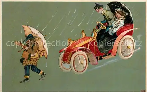 AK / Ansichtskarte Autos Oldtimer Mann Regen Regenschirm Litho Autos