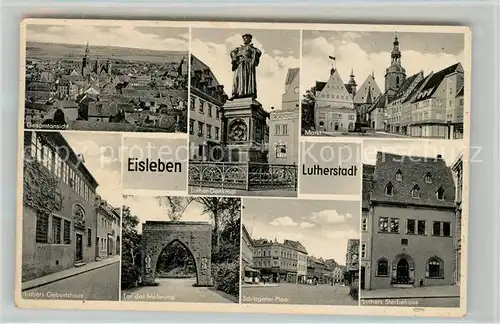 AK / Ansichtskarte Eisleben Panorama Luther Denkmal Markt Luthers Geburts und Sterbehaus Tor der Mahnung Schlageter Plan Eisleben