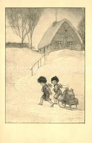 AK / Ansichtskarte Duesseldorf Kuenstlerkarte Winterlandschadt Kinder mit Schlitten Duesseldorf