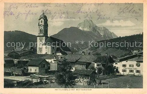 AK / Ansichtskarte Mittenwald_Bayern Ortsansicht mit Kirche Blick zum Wetterstein Mittenwald Bayern