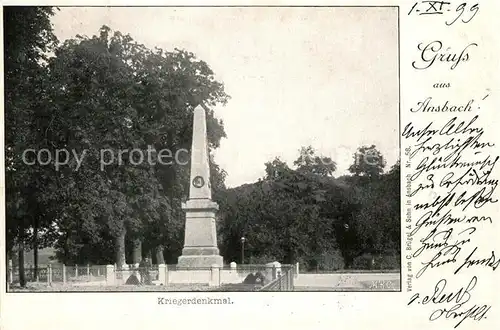 AK / Ansichtskarte Ansbach_Mittelfranken Kriegerdenkmal Ansbach Mittelfranken