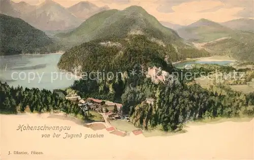 AK / Ansichtskarte Hohenschwangau Panorama Blick von der Jugend Schloss Alpsee Schwansee Hohenschwangau