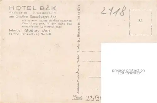 AK / Ansichtskarte Ratzeburg Hotel Baek Kupfermuehlental Ratzeburg
