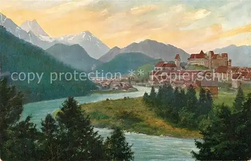 AK / Ansichtskarte Fuessen_Allgaeu Panorama mit Lech und Allgaeuer Alpen Kuenstlerkarte Fuessen Allgaeu