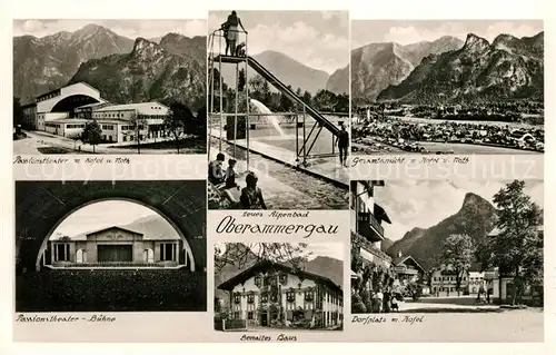AK / Ansichtskarte Oberammergau Passionstheater Buehne Alpenbad Freibad Bemaltes Haus Dorfplatz Panorama mit Kofel und Noth Ammergauer Alpen Oberammergau