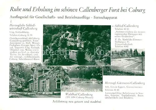 AK / Ansichtskarte Coburg Callenberger Forst Herzogliche Schlosswirtschaft Callenberg Schloss Waldbad Gaertnerei Coburg