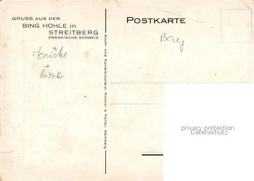 AK / Ansichtskarte Streitberg_Oberfranken Bing Hoehle Fraenkische Schweiz Tropfsteinhoehle Kuenstlerkarte Streitberg Oberfranken