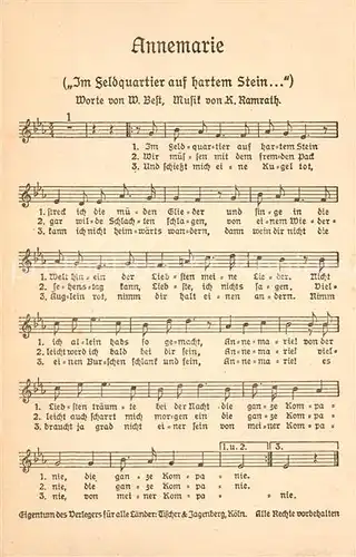 AK / Ansichtskarte Liederkarte Annemarie  Liederkarte