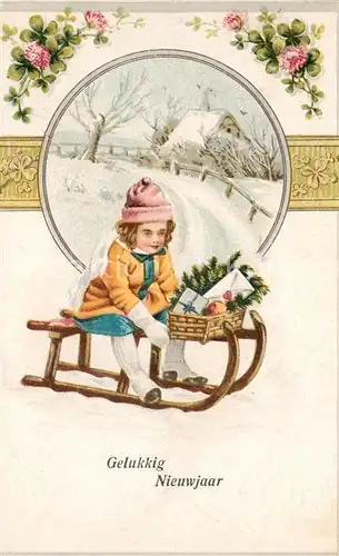 AK / Ansichtskarte Schlitten_Schnee Kind Brief Neujahr Litho Schlitten Schnee