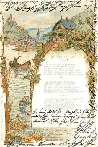 AK / Ansichtskarte Gedicht_auf_AK Das Herz am Rhein Litho Krone Harfe Fisch  Gedicht_auf_AK