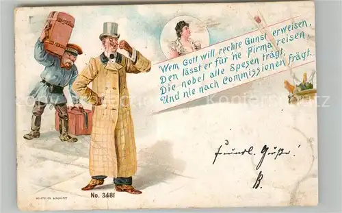 AK / Ansichtskarte Berufe Gepaecktraeger Mann Monokel Zylinder Geschaeftsreise Litho Berufe