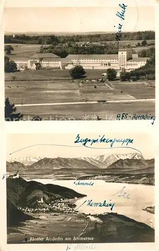 AK / Ansichtskarte Andechs Reichsfinanzschule Kloster am Ammersee Alpenpanorama Fliegeraufnahme Andechs