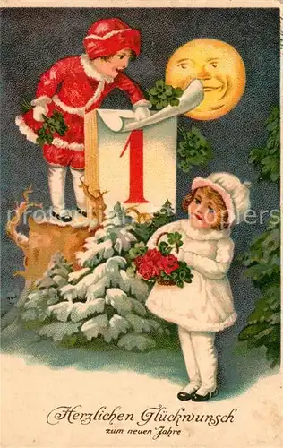 AK / Ansichtskarte Neujahr Kinder Mond Kalender Rosen Kleeblatt Litho  Neujahr