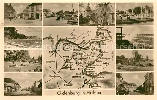 AK / Ansichtskarte Oldenburg_Holstein Panoramakarte Strand Kueste Kirche Oldenburg_Holstein