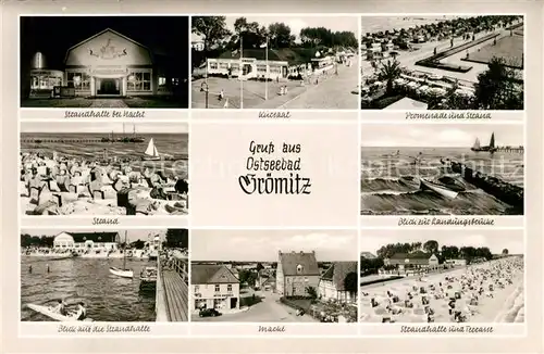 AK / Ansichtskarte Groemitz_Ostseebad Landungsbruecke Strandhalle Kursaal Promenade Groemitz_Ostseebad