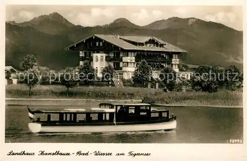 AK / Ansichtskarte Bad_Wiessee_Tegernsee Landhaus Hanslbauer Ausflugsboot Alpen Bad_Wiessee_Tegernsee