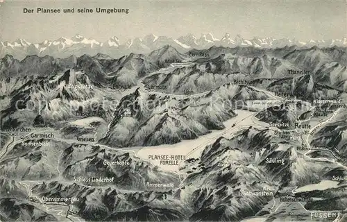 AK / Ansichtskarte Plansee Hotel Forelle und Umgebung Alpen aus der Vogelperspektive Plansee