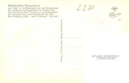 AK / Ansichtskarte Ploen_See Niedersaechsisches Bauernhaus 17. Jhdt. Ausflugsgaststaette Prinzeninsel Ploener See Ploen_See