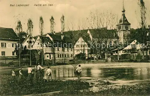 AK / Ansichtskarte Bad_Liebenzell Partie am See Angler Kirche Kurort im Schwarzwald Bad_Liebenzell