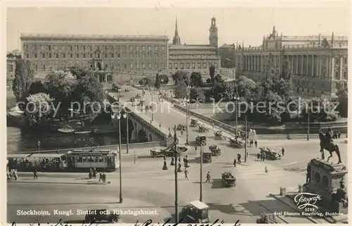 AK / Ansichtskarte Stockholm Slottet och Riksdagshuset Strassenbahn Stockholm