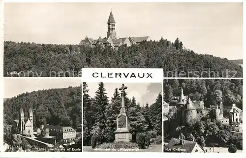 AK / Ansichtskarte Clervaux Abbaye Eglise peroissiale et Ecole Monument du Kloeppelkrich Le Chateau Clervaux