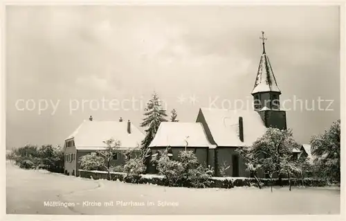AK / Ansichtskarte Moettlingen Kirche mit Pfarrhaus im Schnee Moettlingen