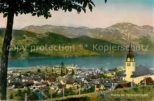 AK / Ansichtskarte Buochs_Vierwaldstaettersee Pension Hirschen Panorama Kirche Buochs_Vierwaldstaettersee