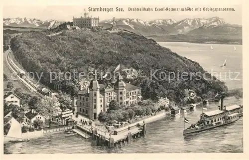 AK / Ansichtskarte Starnbergersee Drahtseilbahn Leoni Rottmannshoehe mit Gebirgspanorama aus der Vogelperspektive Kuenstlerkarte Starnbergersee
