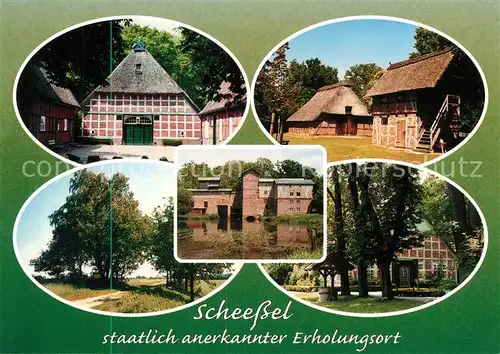 AK / Ansichtskarte Scheessel Meyerhof Schafstall Honigspeicher Hist Wassermuehle Huegelgrab Gemeindewerke Scheessel