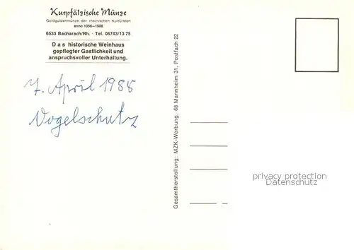 AK / Ansichtskarte Bacharach_Rhein Kurpfaelzische Muenze Bacharach Rhein