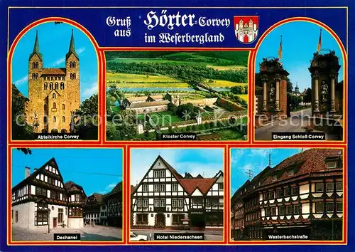 AK / Ansichtskarte Hoexter_Weser Abteikirche Corvey Kloster Eingang Schloss Corvey Dechanei Hotel Niedersachsen Westerbachstrasse Hoexter Weser