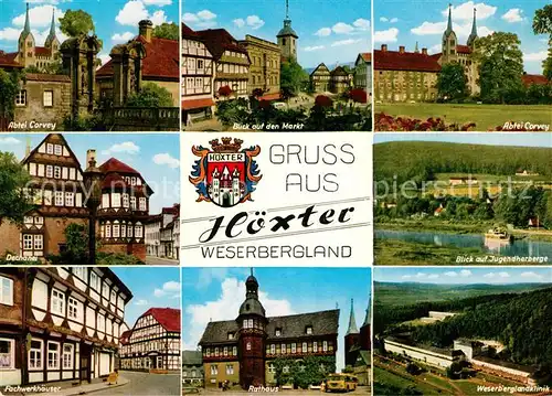 AK / Ansichtskarte Hoexter_Weser Abtei Corvey Markt Dechanei Jugendherberge Fachwerkhaeuser Raathaus Weserberglandklinik Hoexter Weser