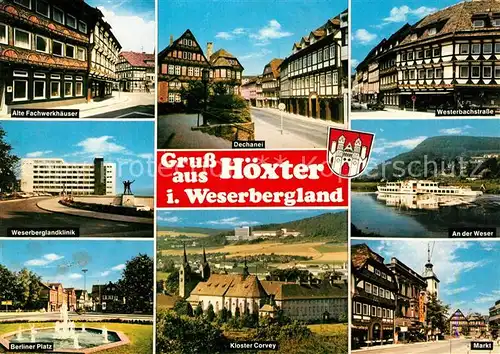 AK / Ansichtskarte Hoexter_Weser Alte Fachwerkhaeuser Weserberglndklinik Berliner Platz Dechanei Kloster Corvey Westerbachstrasse An der Weser Markt Hoexter Weser