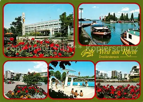 AK / Ansichtskarte Weil_am_Rhein Rathaus Bootshafen Schwimmbad Weil_am_Rhein