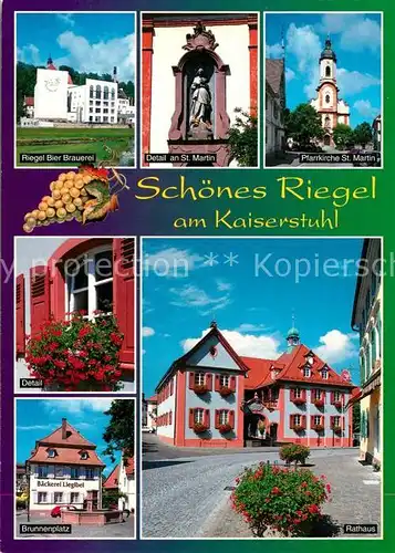 AK / Ansichtskarte Riegel_Kaiserstuhl Riegeler Brauerei Detail an St Martin Pfarrkirche Detail Brunnenplatz Rathaus Riegel_Kaiserstuhl