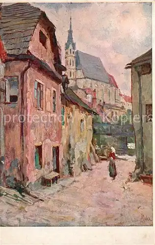 AK / Ansichtskarte Krumlov Ortspartie Kuenstlerkarte L. Kuba Krumlov