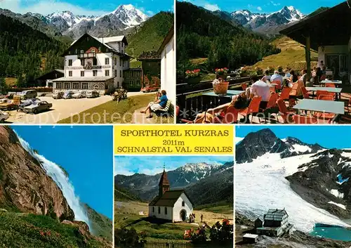 AK / Ansichtskarte Kurzras_Schnals Sporthotel Gletscher Kirche Wasserfall Kurzras Schnals