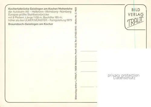 AK / Ansichtskarte Geislingen_Kocher Kochertalbruecke Geislingen Kocher